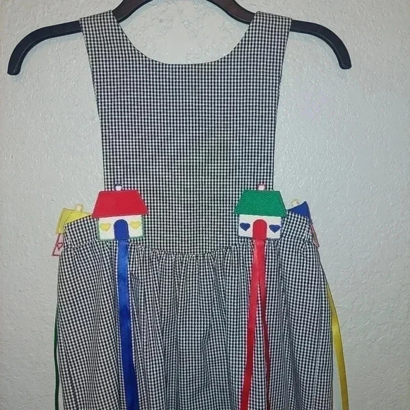 Chocolate Soup Girls Apron Style Dress Black Gingham Houses Ribbon Sz 8 Vintage - Picture 3 of 15